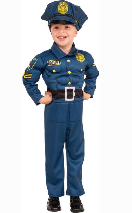 Navy Blue Muscle Chest Police Officer Costume for Boys - Main Image