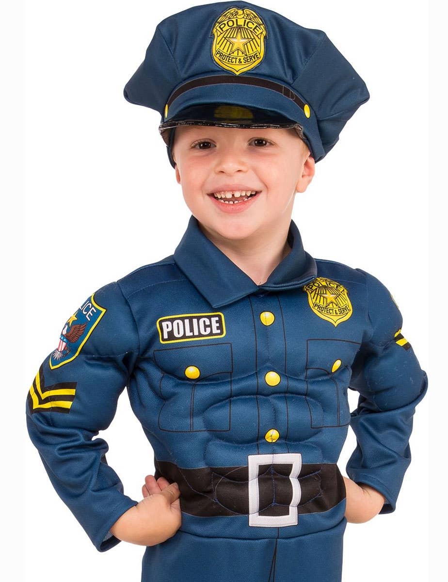 Navy Blue Muscle Chest Police Officer Costume for Boys - Alternative Image