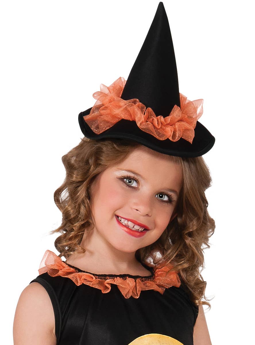 Moonlit Toddler Girls Cute Orange Witch Halloween Costume - Close Up 1