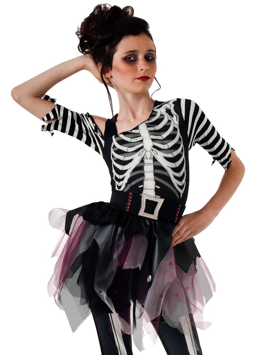 Girl's Black and White Skeleton Ballerina Tutu Costume - Alternative Image