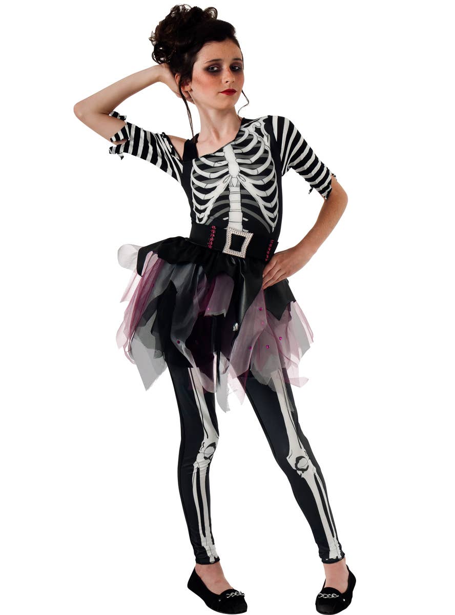 Girl's Black and White Skeleton Ballerina Tutu Costume - Main Image