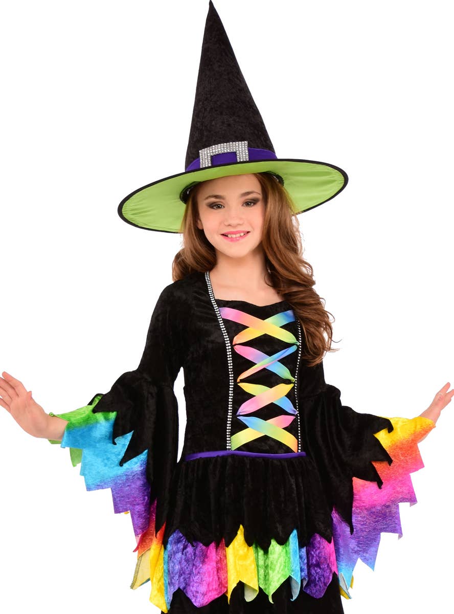 Girls Rainbow and Black Velvet Witch Costume - Close Image