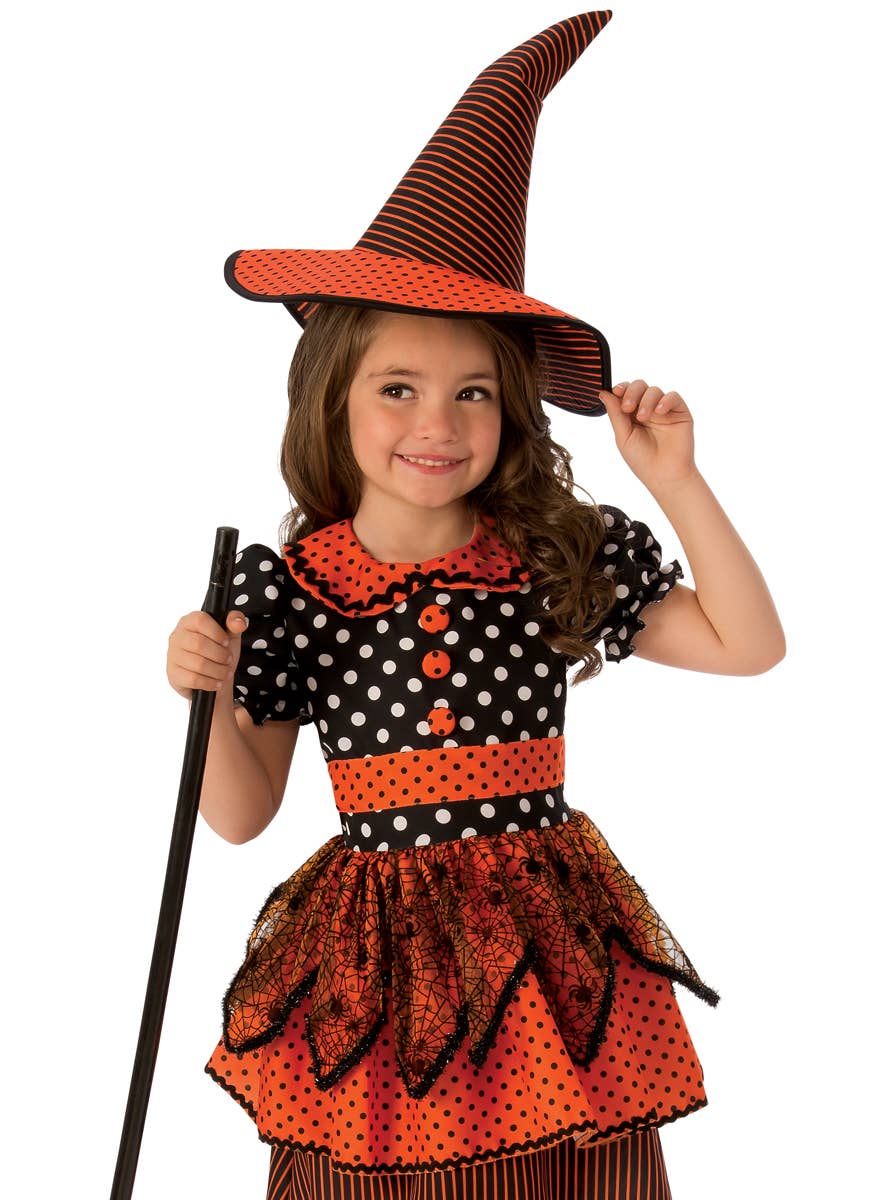 Orange and Black Polka Dot Witch Halloween Costume for Girls - Alternative Image