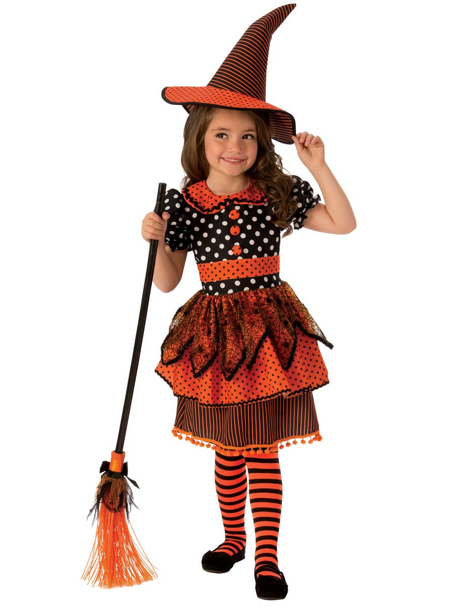 Orange and Black Polka Dot Witch Halloween Costume for Girls - Main Image