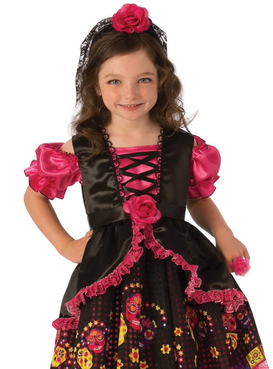 Pink Day of the Dead Girl's Dress Up Costume - Alternative Image