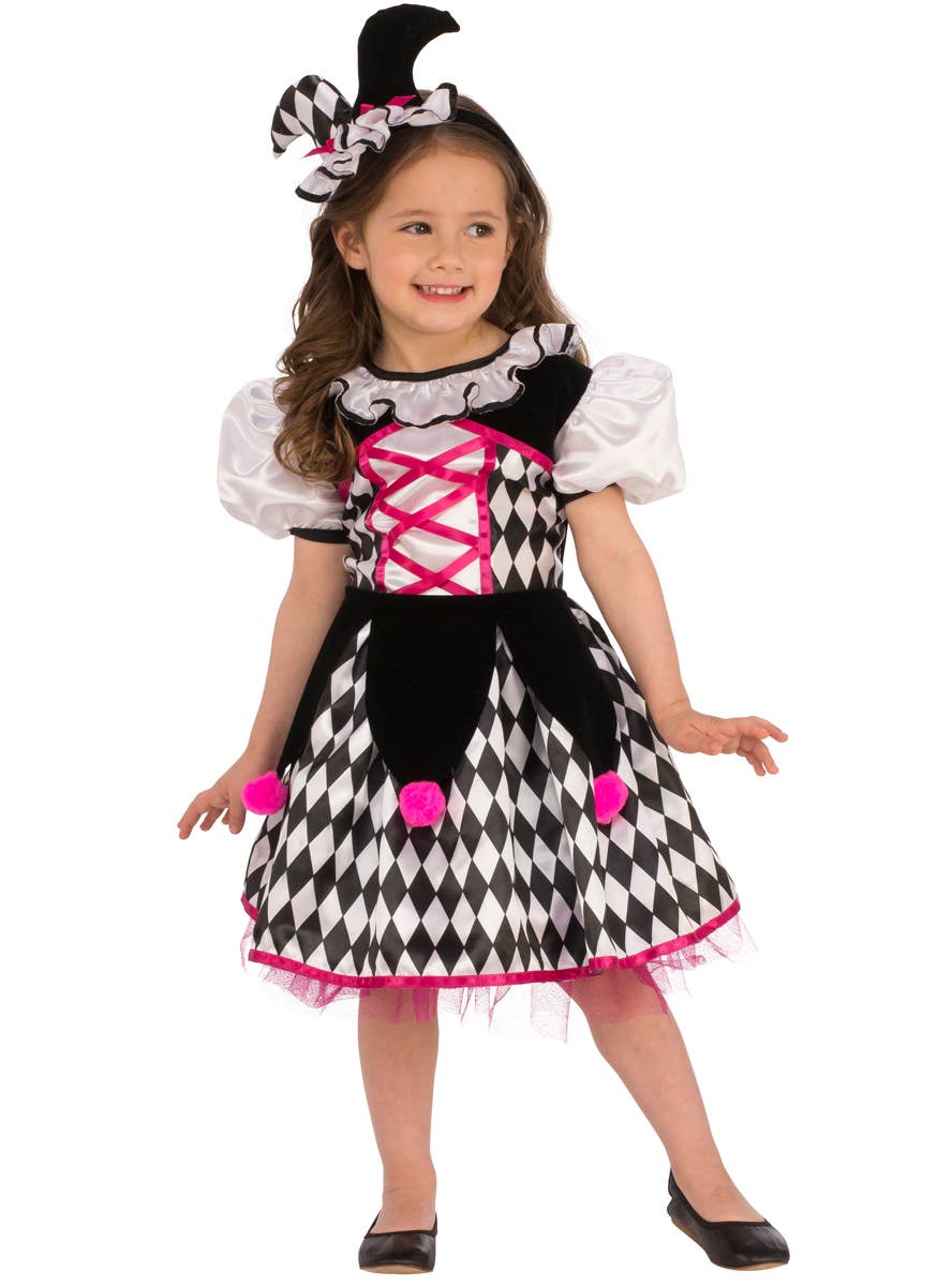 Black, White and Pink Harlequin Girl's Jester Costume - Main Image