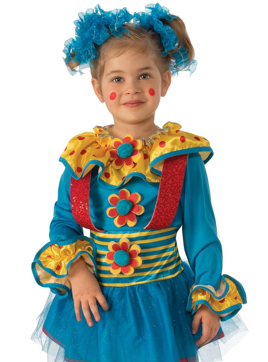Colourful Blue and Yellow Girl's Dotty the Clown Circus Costume - Alternative Image