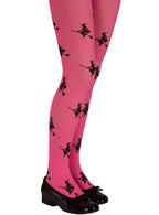 Girls Full Length Pink Costume Leggings with Black Glitter Witch Print