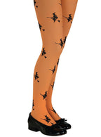 Girls Full Length Orange Costume Leggings with Black Glitter Witch Print