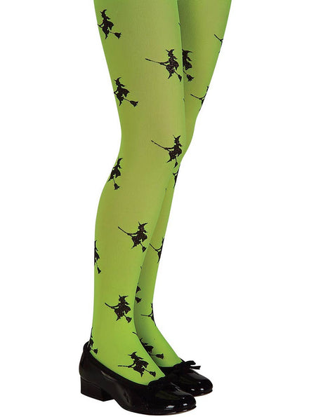 Girls Full Length Green Costume Leggings with Black Glitter Witch Print