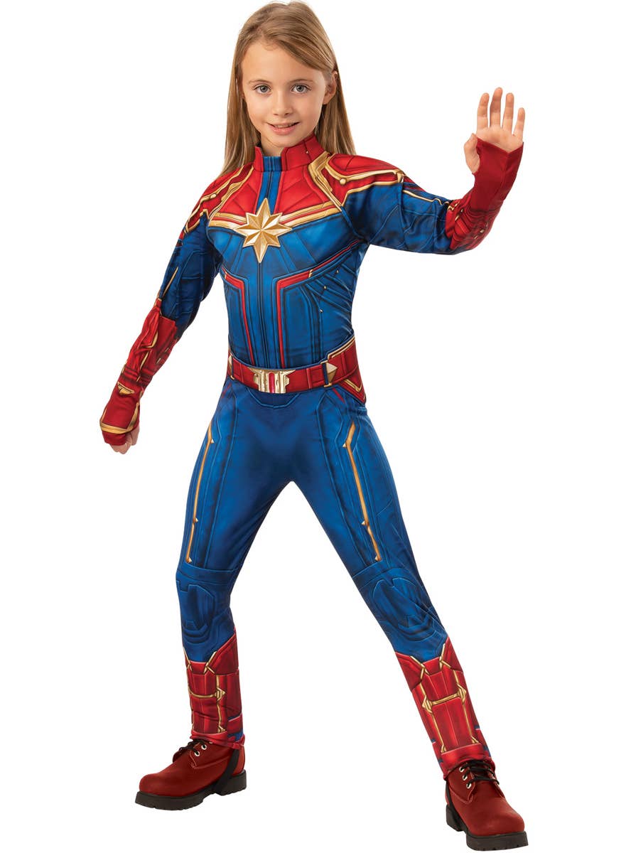 Girls Captain Marvel Superhero Avengers Fancy Dress Book Week Costume Close Up Image 2