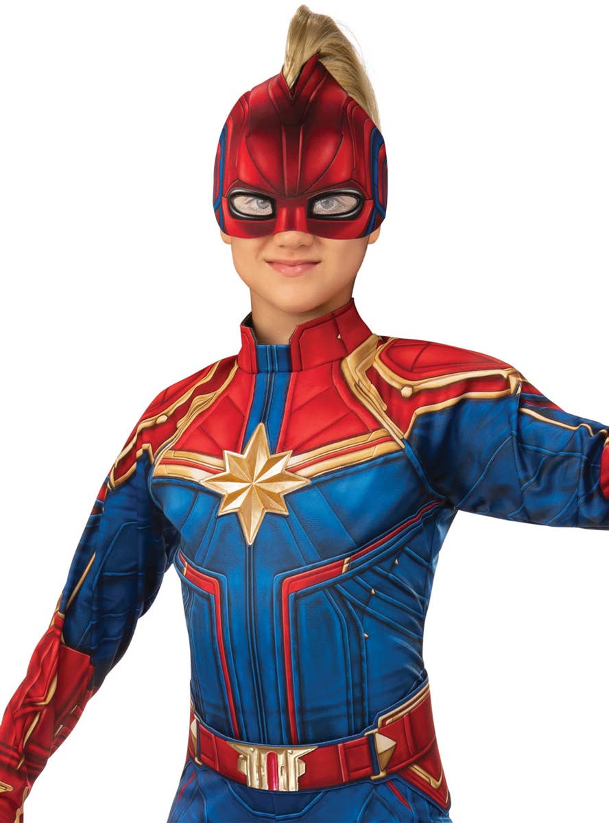 Girls Captain Marvel Superhero Avengers Fancy Dress Book Week Costume Close Up Image