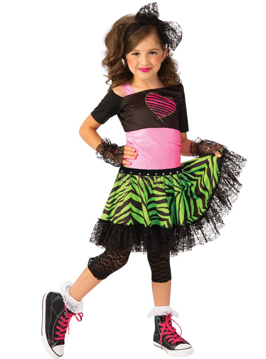 Neon Pink, Green and Black 80's Material Girl Costume for Kids