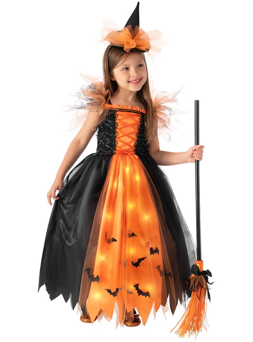 Girl's Light Up Orange and Black Deluxe Witch Halloween Costume