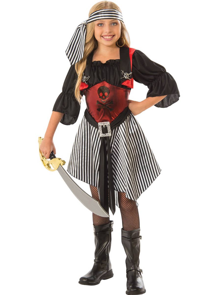 Girls Crimson Red, Black and White Striped Pirate Costume