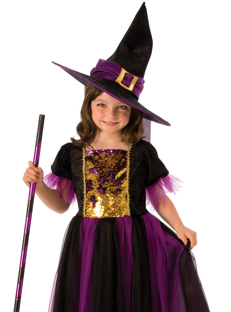 Girls Purple and Black Witch Costume - Close Image