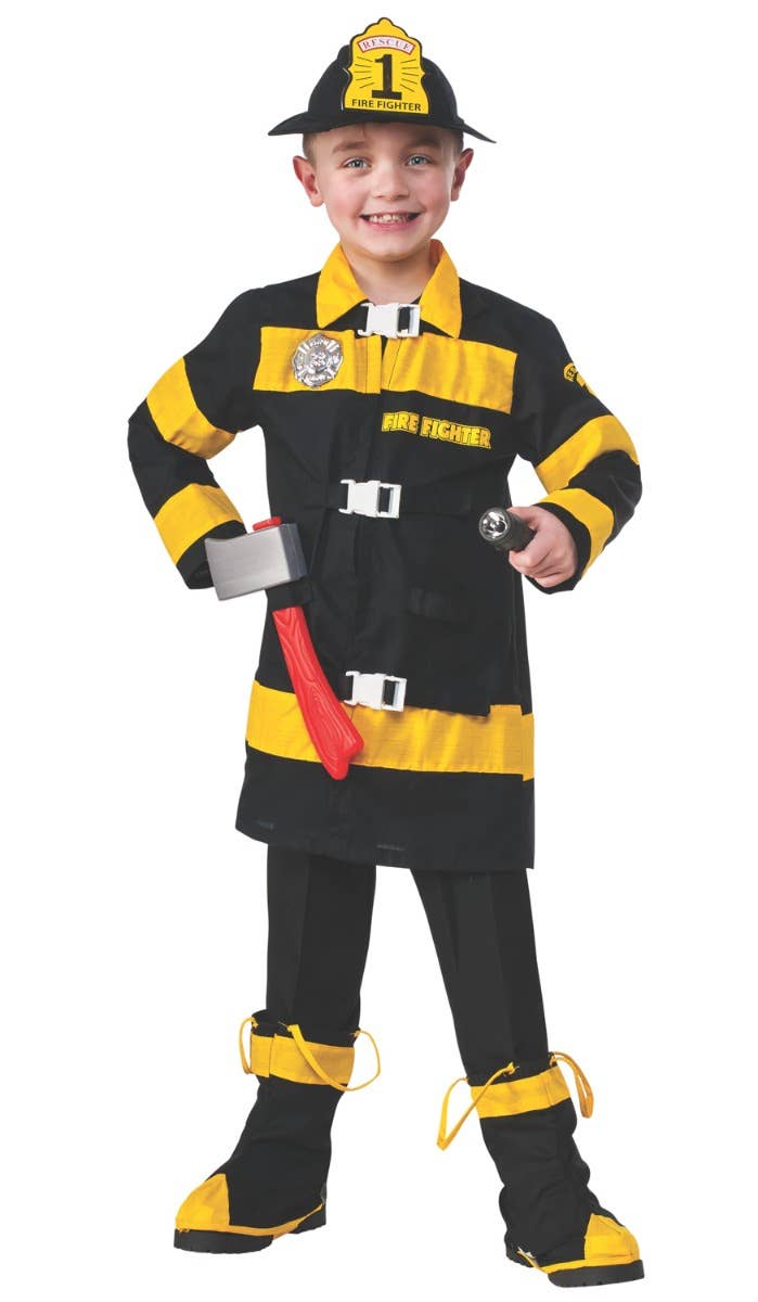 Boy's Young American Heroes Fireman Firefighter Black And Yellow Fancy Dress Costume Main Image