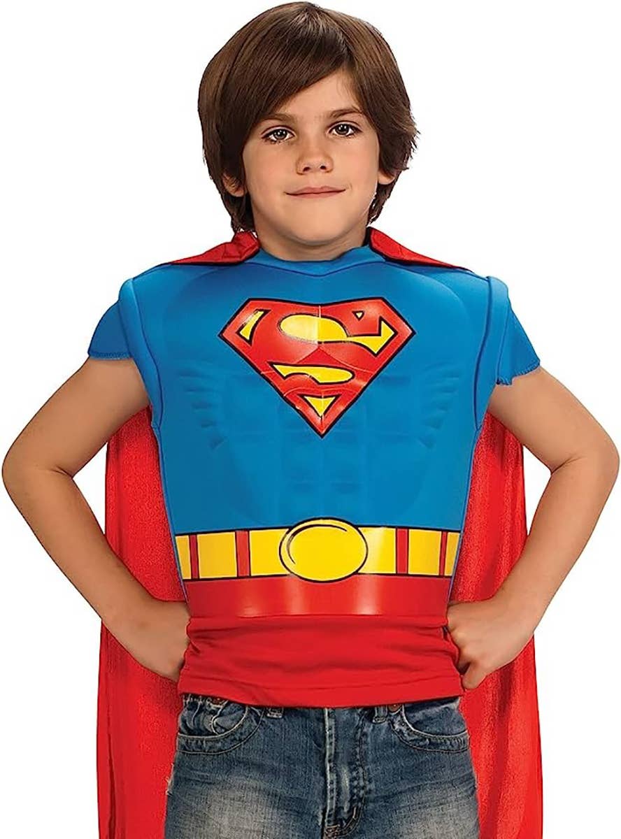 Superman Muscle Chest Top and Cape for Boys Close Up Image