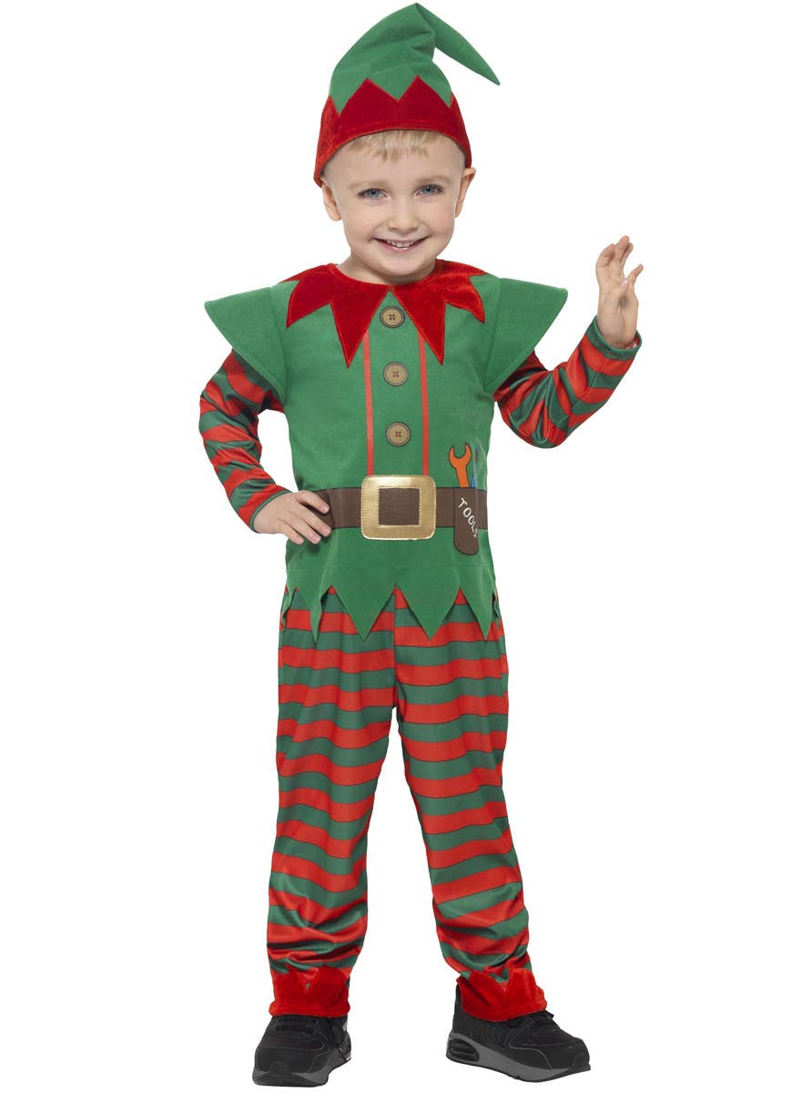 Green and Red Kid's Unisex Christmas Elf Costume - Front Image