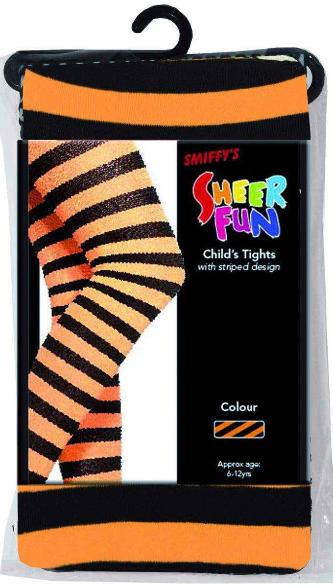 Girls Full Length Orange and Black Striped Halloween Stockings Packaging Image