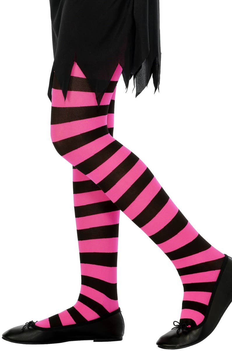 Girls Full Length Pink and Black Halloween Tights