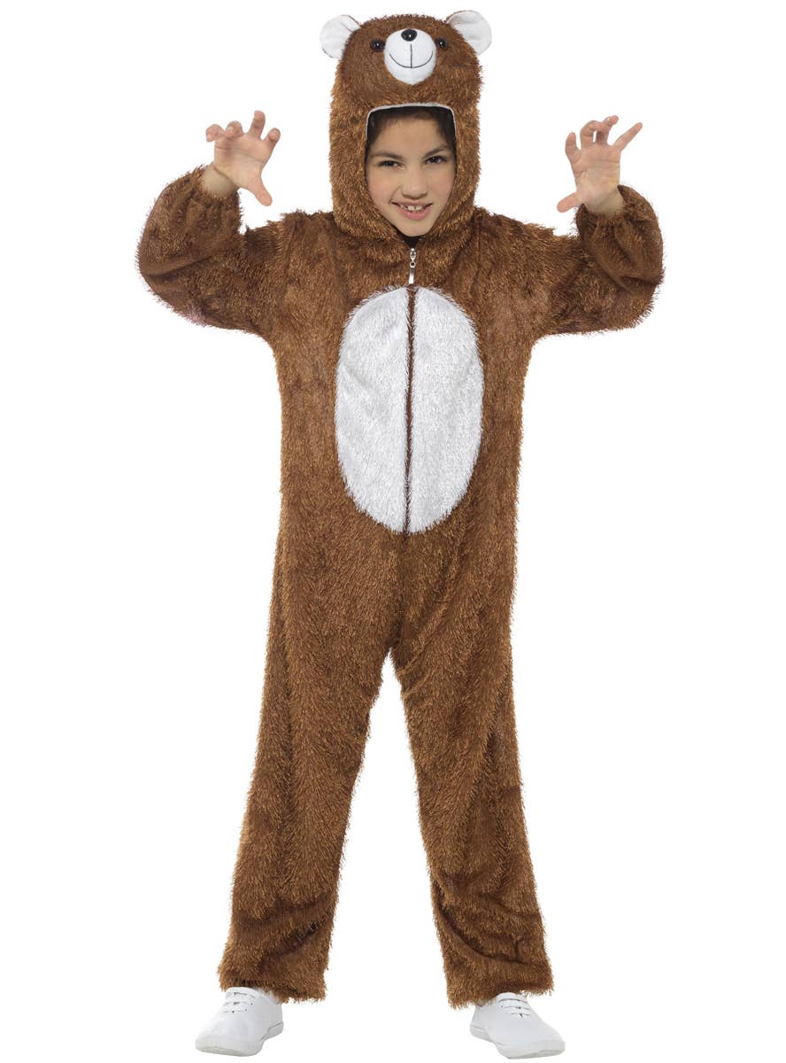 Kid's Fuzzy Brown Bear Animal Onesie Costume Front View