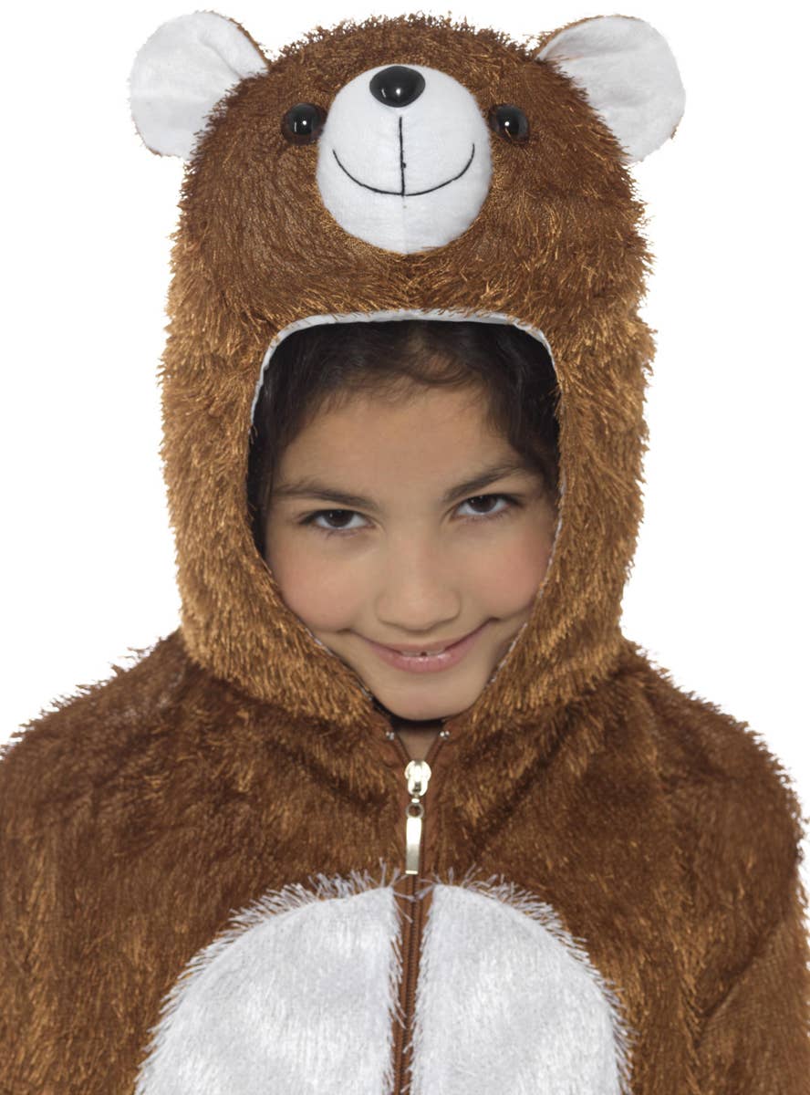 Kid's Fuzzy Brown Bear Animal Onesie Costume Close Up View