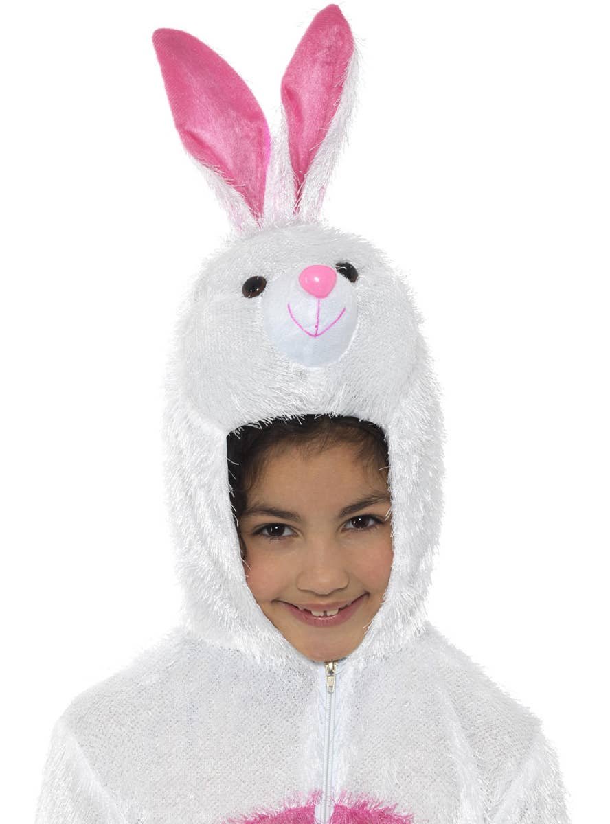 Kid's White Bunny Rabbit Animal Onesie Costume Close Up View