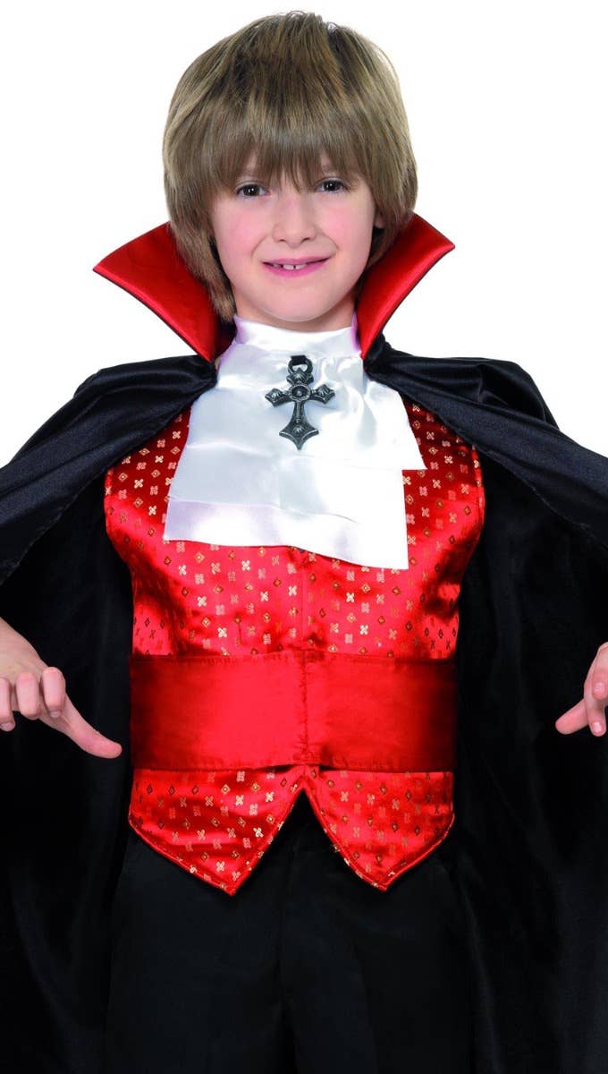 Boy's Red And Black Dracula Vampire Fancy Dress Costume For Halloween Close Up Image 