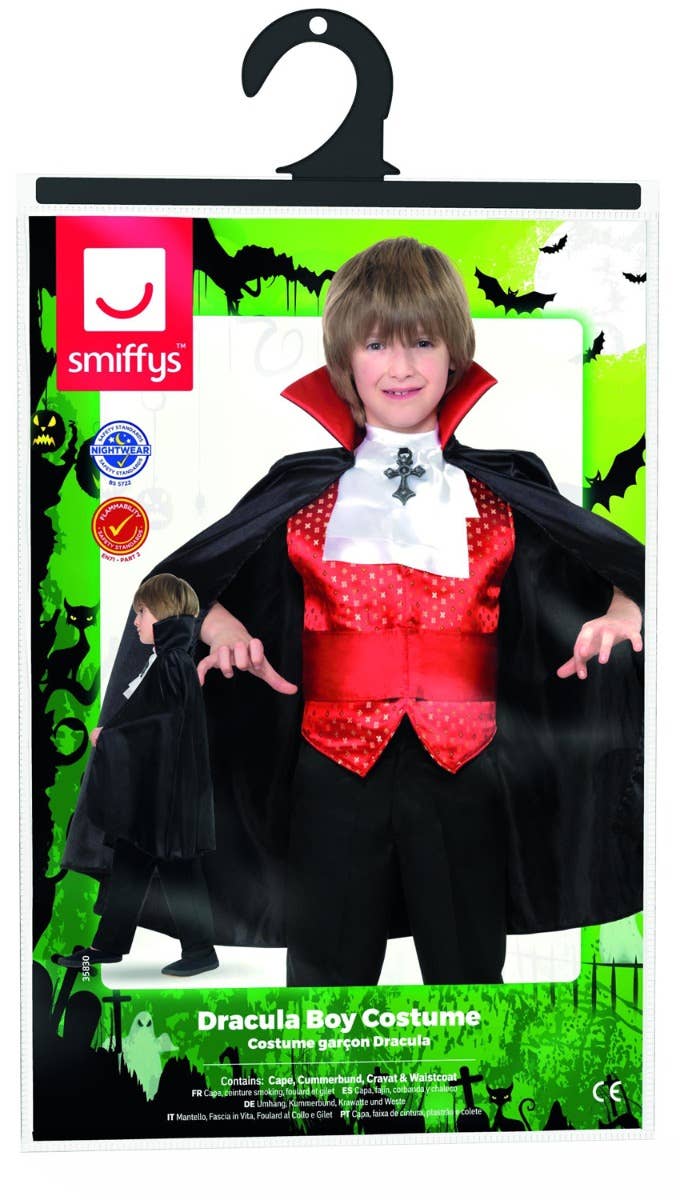 Boy's Red And Black Dracula Vampire Fancy Dress Costume For Halloween Packaging Image 