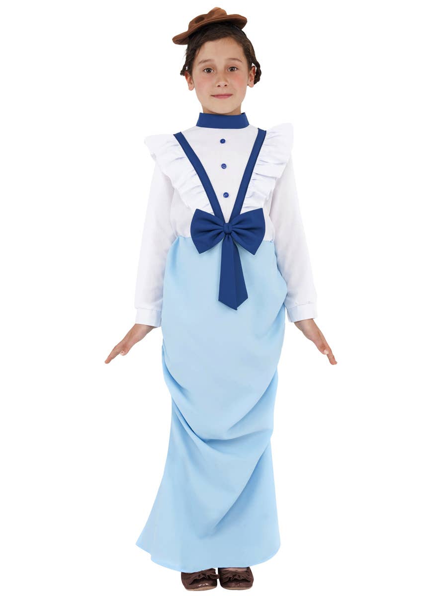 Blue and White Girl's Victorian Lady Costume Front View