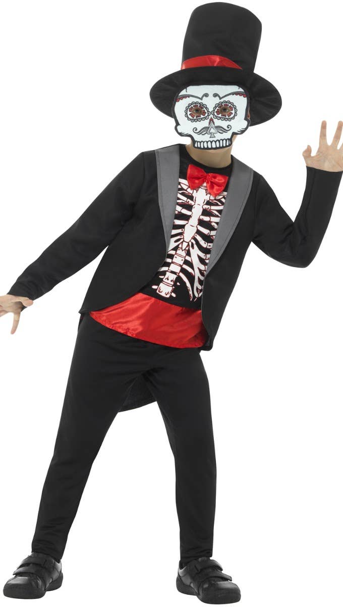 Boy's Halloween Day Of The Dead Sugar Skull Kid's Black Tuxedo Skeleton Fancy Dress Costume Alternative Image