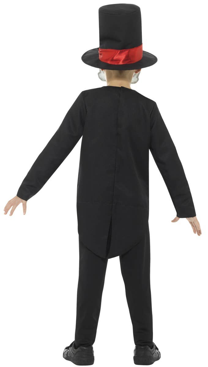 Boy's Halloween Day Of The Dead Sugar Skull Kid's Black Tuxedo Skeleton Fancy Dress Costume Back View Image