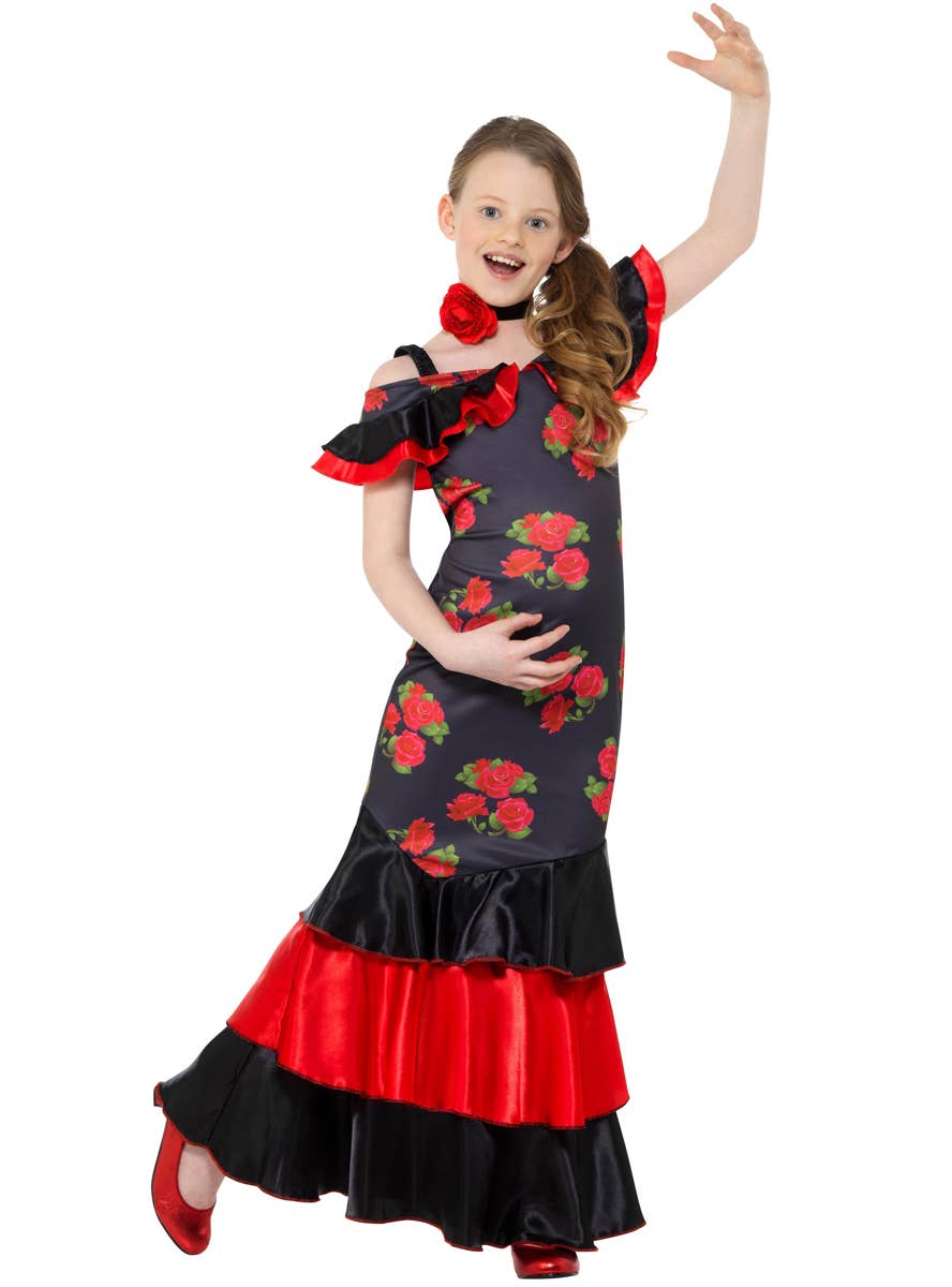 Girls Red and Black Spanish Flamenco Dress Up Costume - Alternate Image