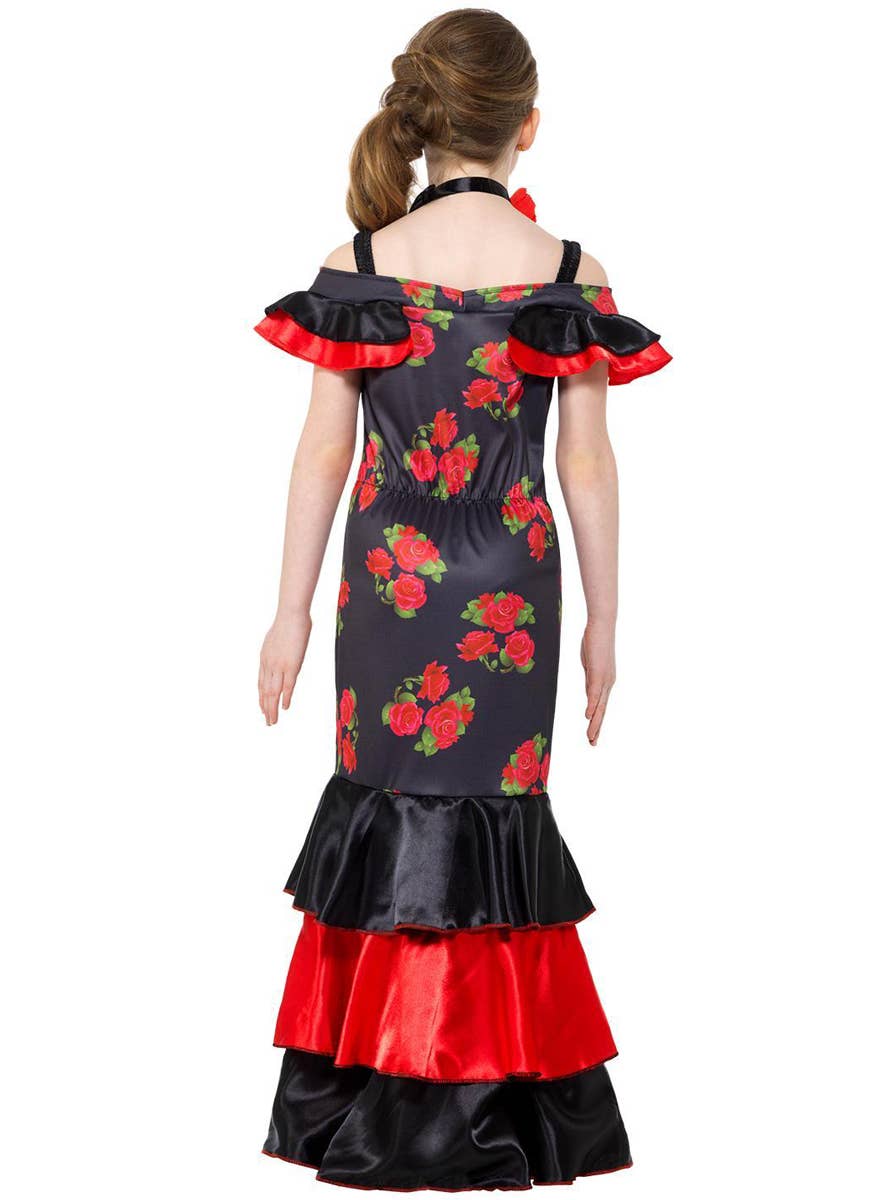 Girls Red and Black Spanish Flamenco Dress Up Costume - Back Image