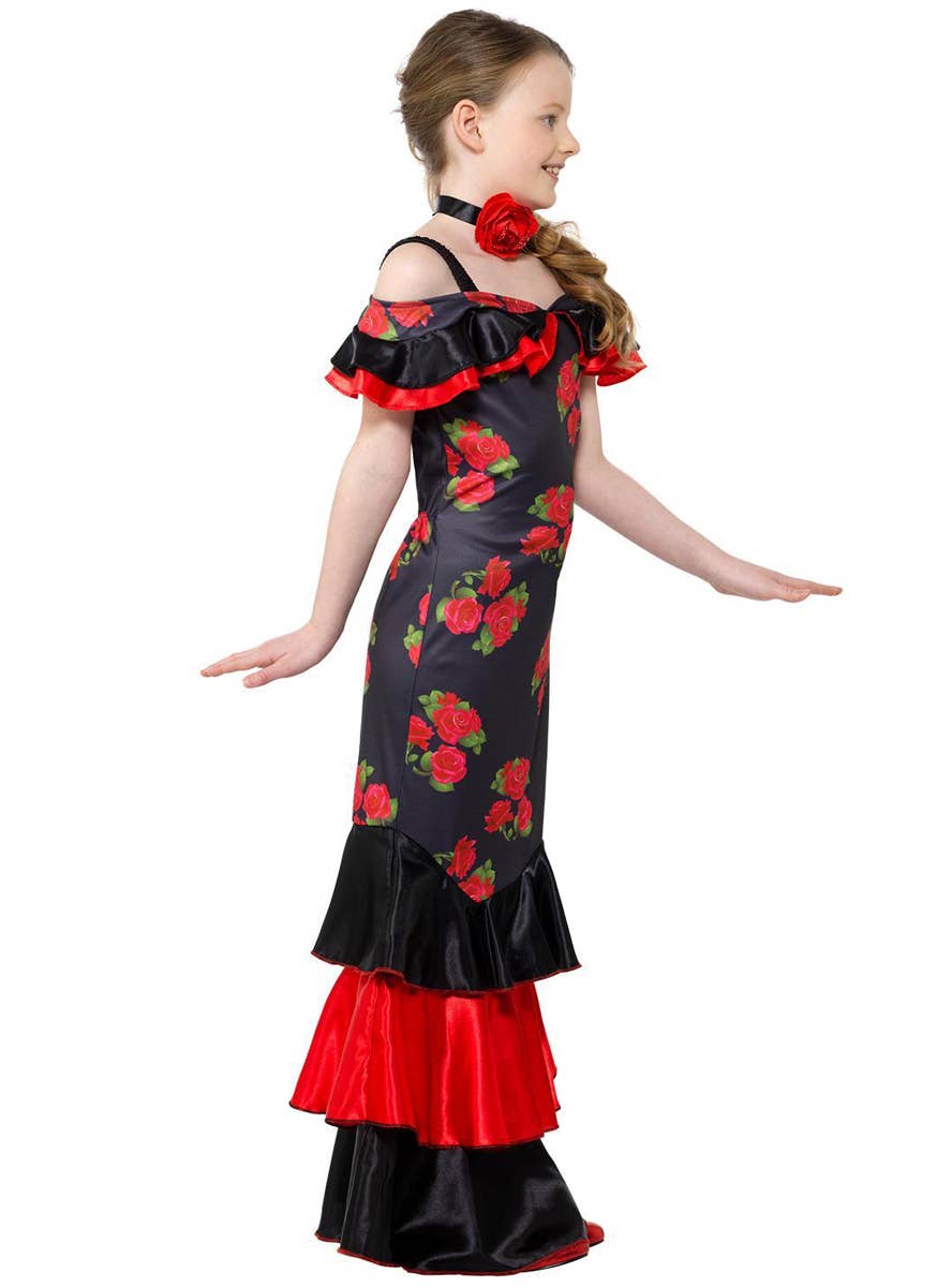 Girls Red and Black Spanish Flamenco Dress Up Costume - Side Image