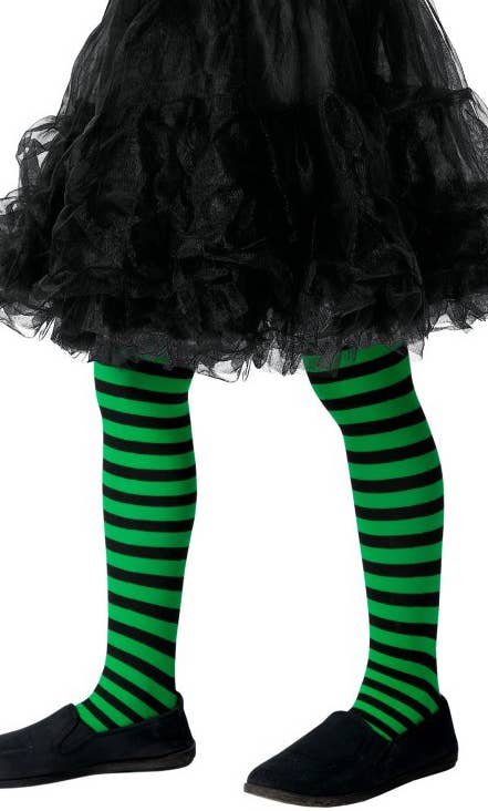 Girls Full Length Green and Black Striped Halloween Stockings Main Image