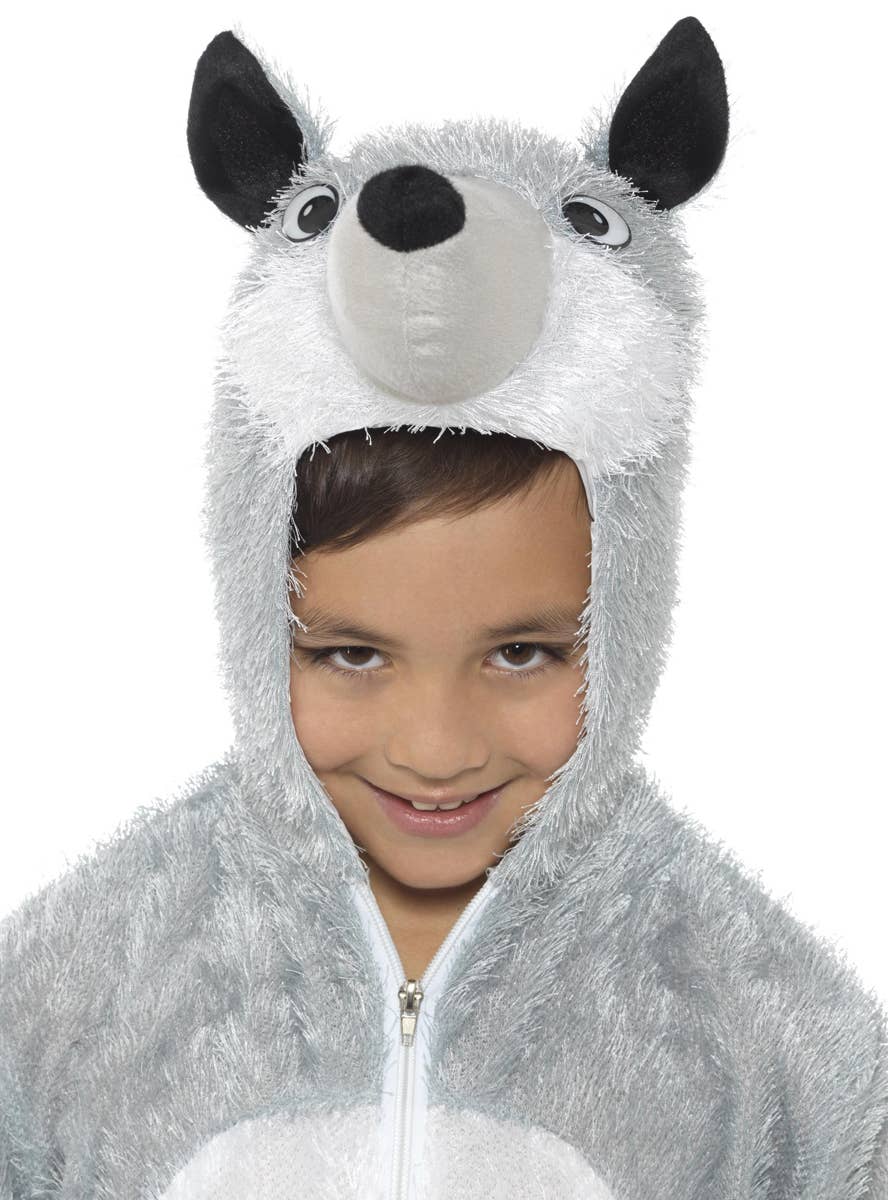 Grey Wolf Kid's Animal Onesie CostumeClose Up View