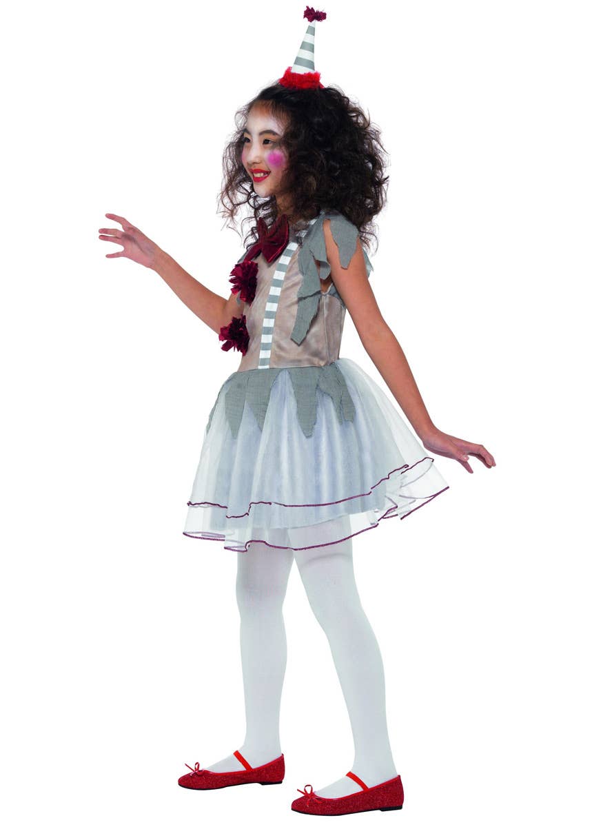 Girls Creepy Vintage Clown Halloween Fancy Dress Costume Side Image
