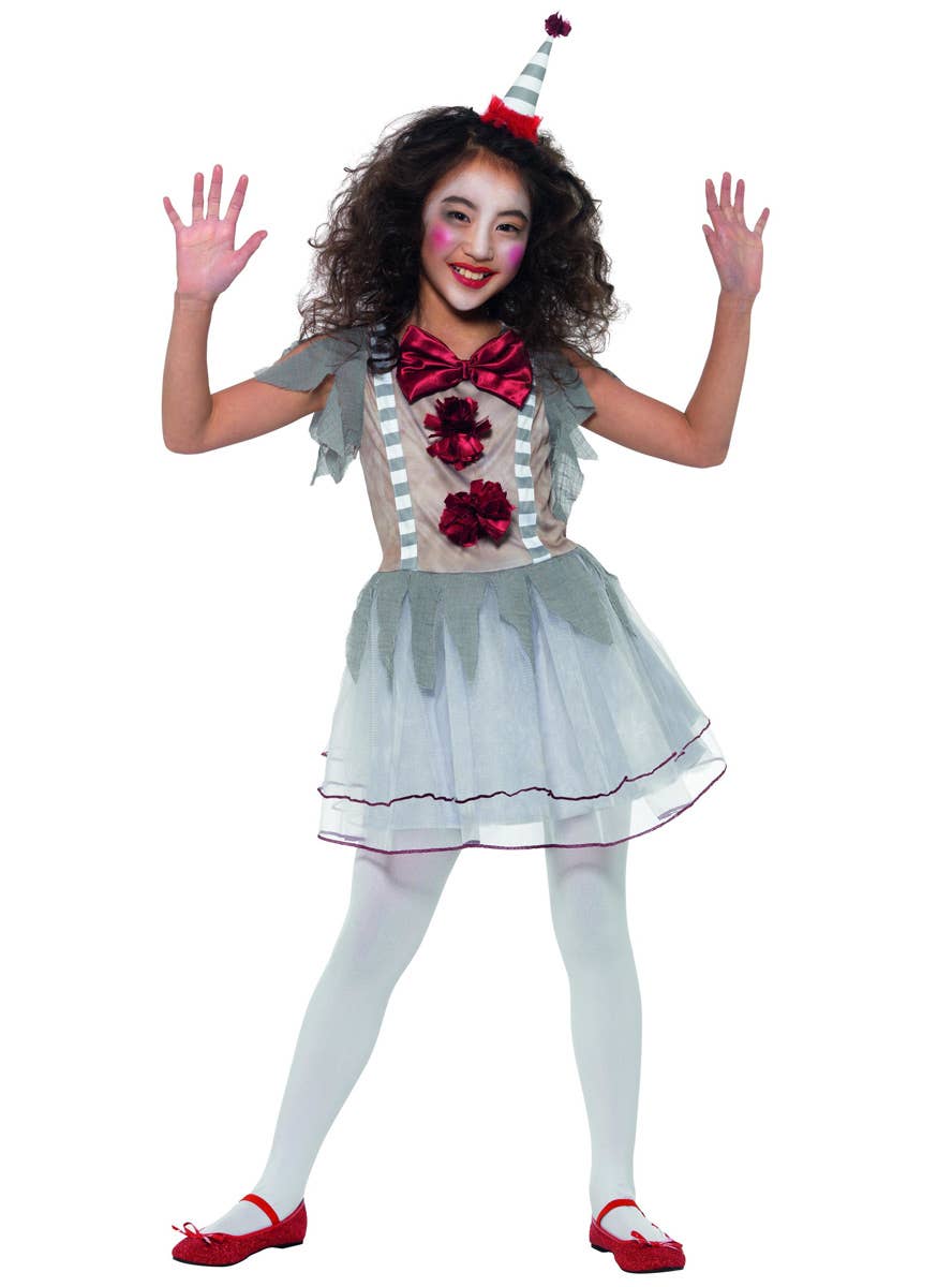 Girls Creepy Vintage Clown Halloween Fancy Dress Costume Alternate Front Image