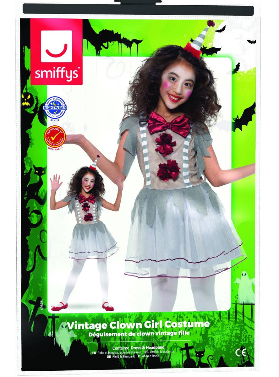 Girls Creepy Vintage Clown Halloween Fancy Dress Costume Packaging Image