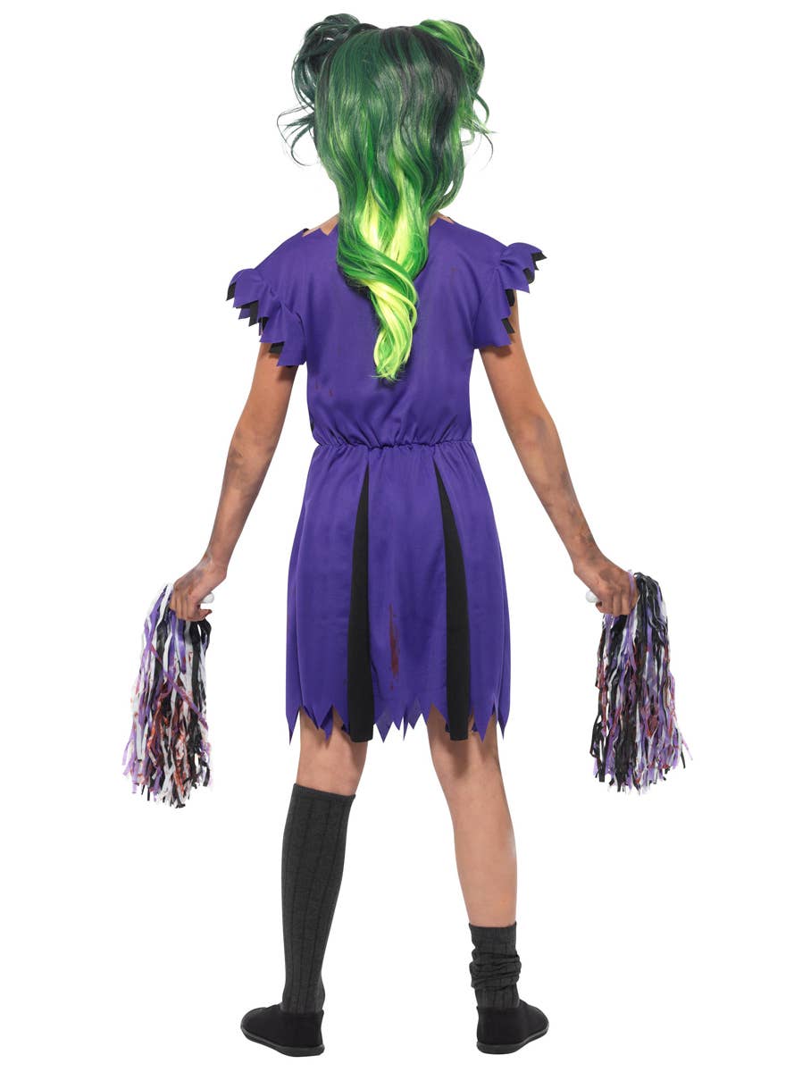 Girls Purple Zombie Cheerleader Halloween Fancy Dress Costume Back Image