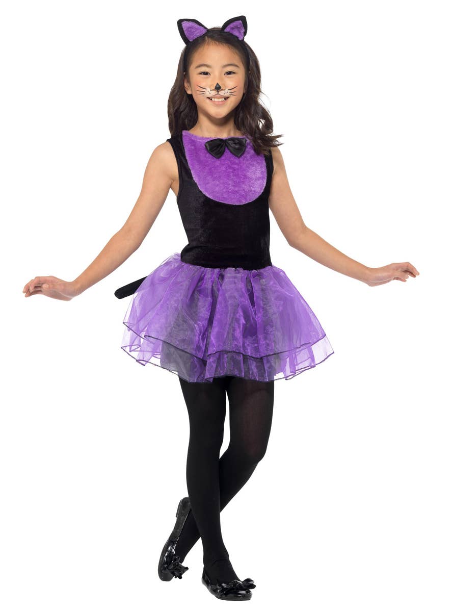 Girls Cute Purple and Black Halloween Cat Costume Front Image