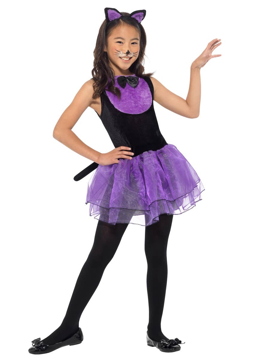 Girls Cute Purple and Black Halloween Cat Costume Main Image