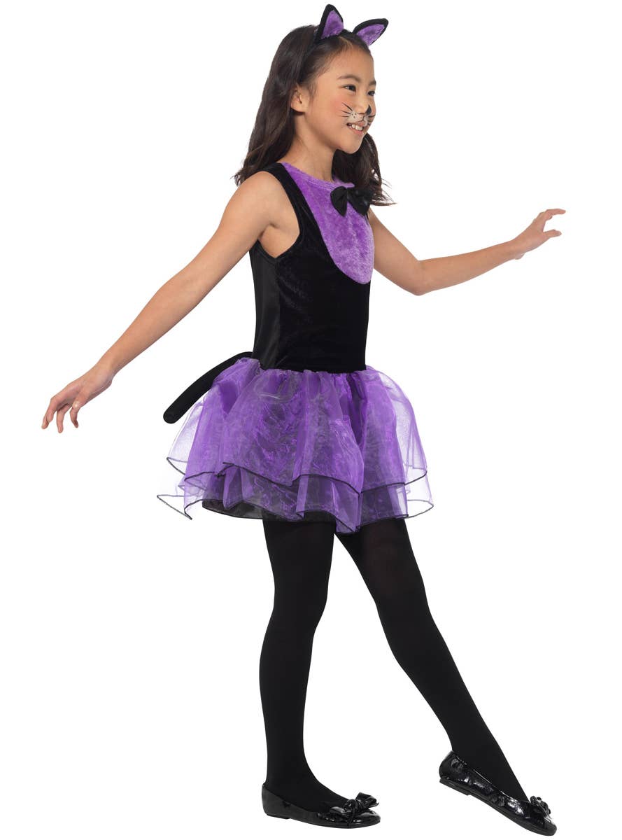 Girls Cute Purple and Black Halloween Cat Costume Side Image