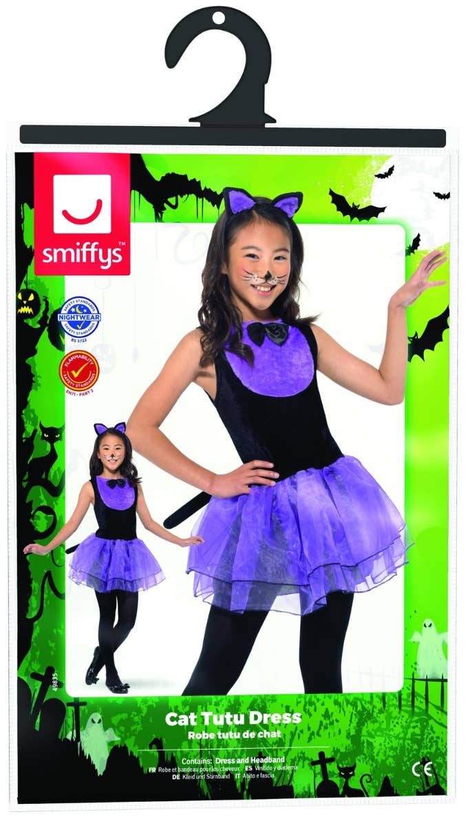 Girls Cute Purple and Black Halloween Cat Costume Packaging Image