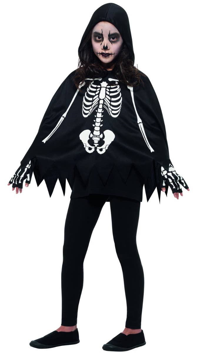 Image of Skeleton Cape and Gloves Girls Halloween Costume - Front Image