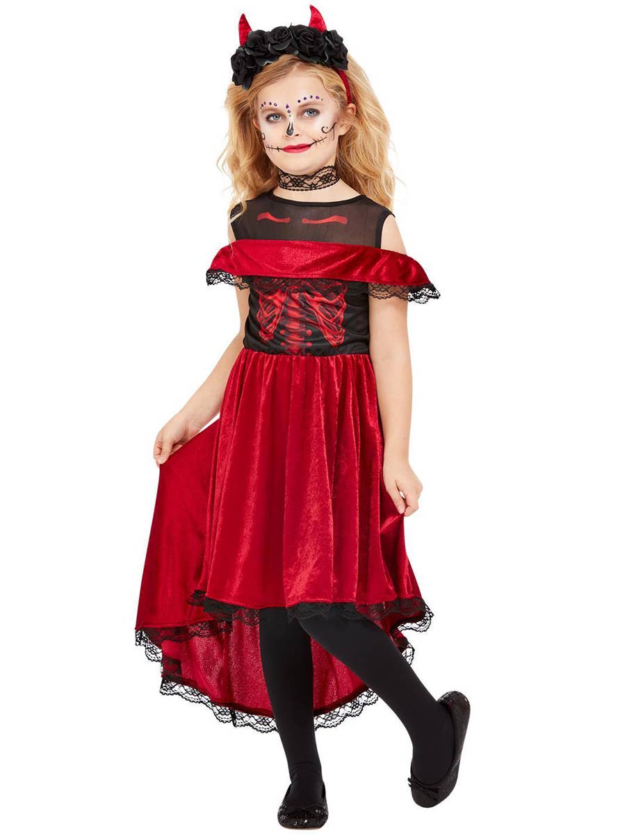 Girls Red and Black Day of the Dead Devil Halloween Costume - Alternate Image