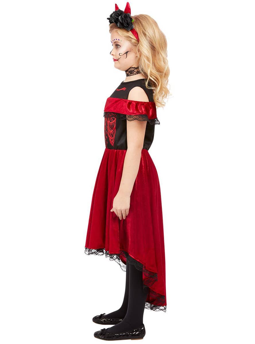 Girls Red and Black Day of the Dead Devil Halloween Costume - Side Image