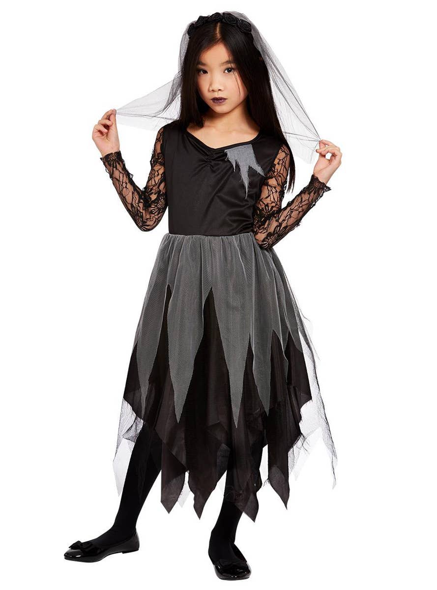 Girls Black Graveyard Bride Dress Up Costume - Main Image